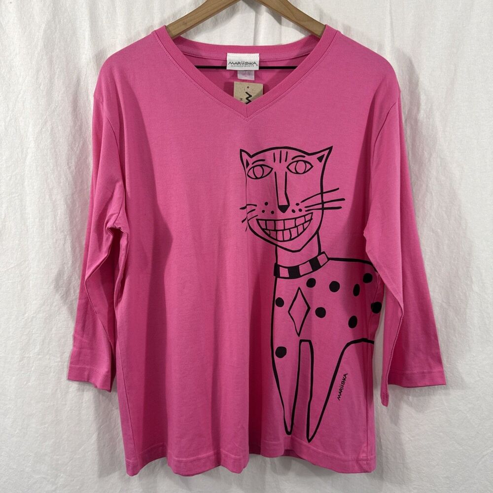 Marushka Handprints Pink Cat Print Front Back 3/4 Sleeve Art to Wear Top Sz XL